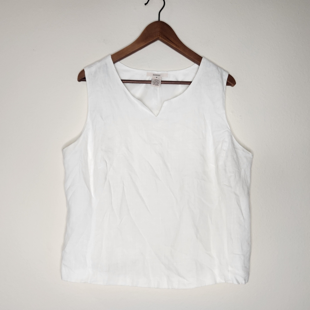 Merona Womens 100% Linen Lined White Tank Top Crop V-neck Zip Side Boxy XL